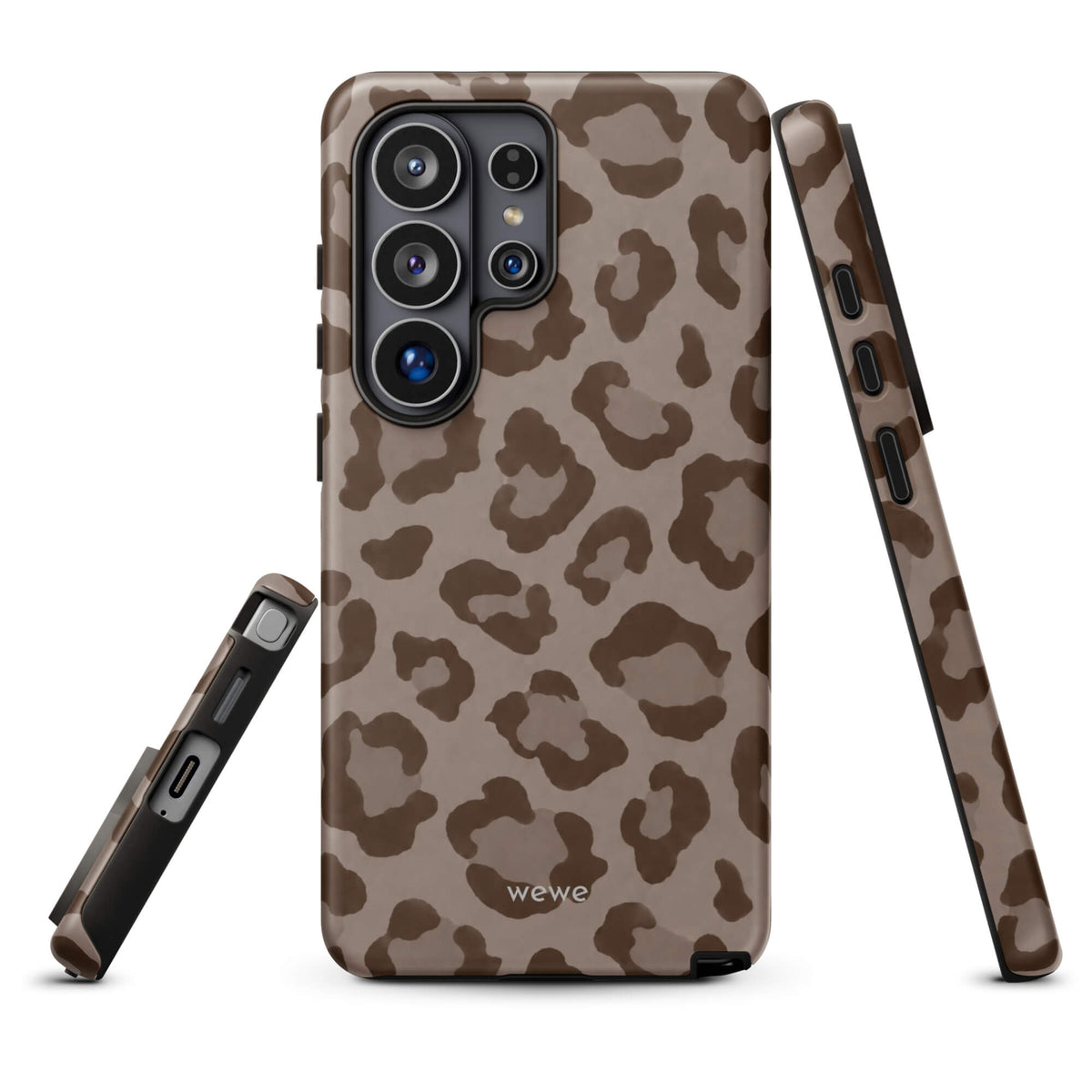 Warm taupe iPhone case with oversized mocha-brown tonal leopard spots
