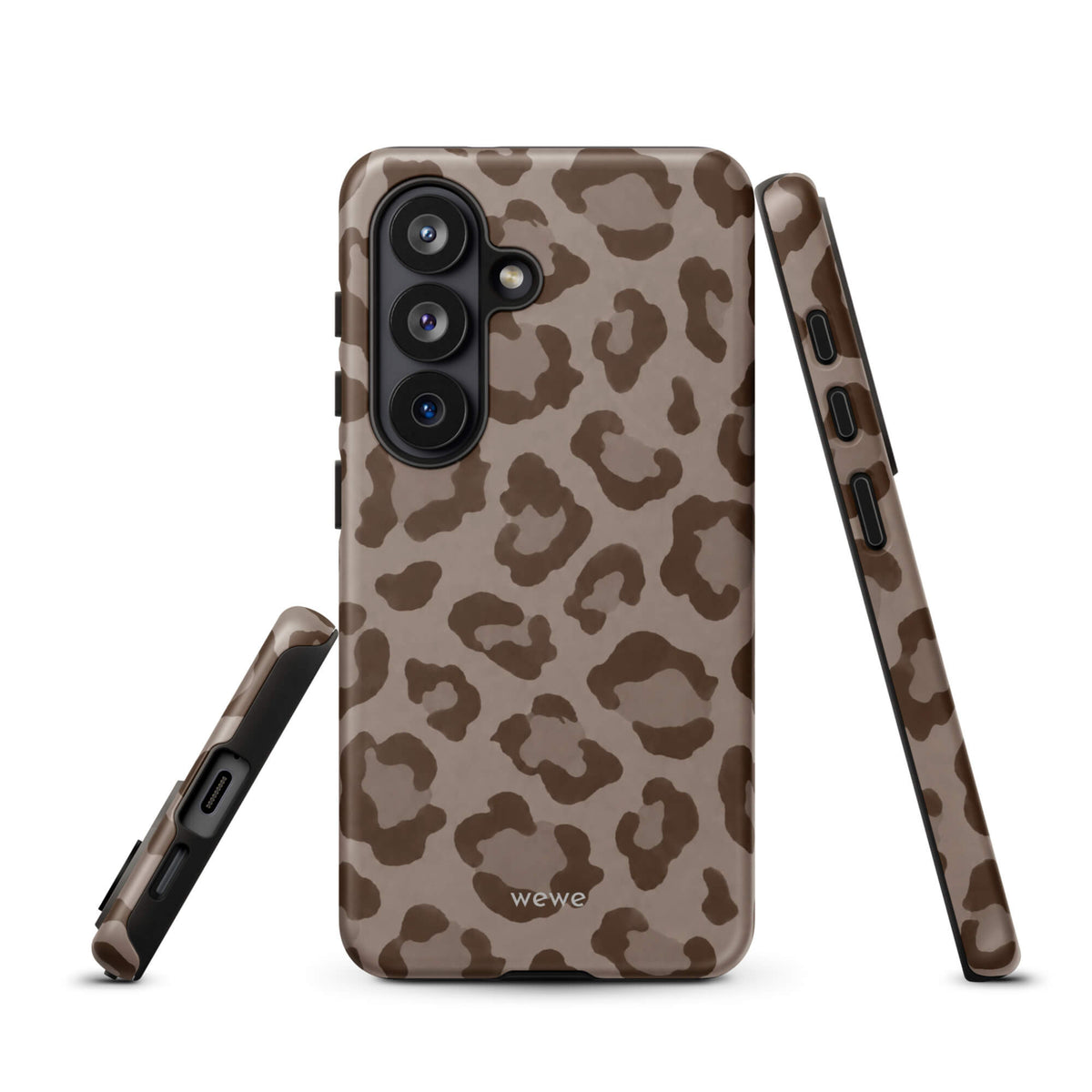 Warm taupe iPhone case with oversized mocha-brown tonal leopard spots