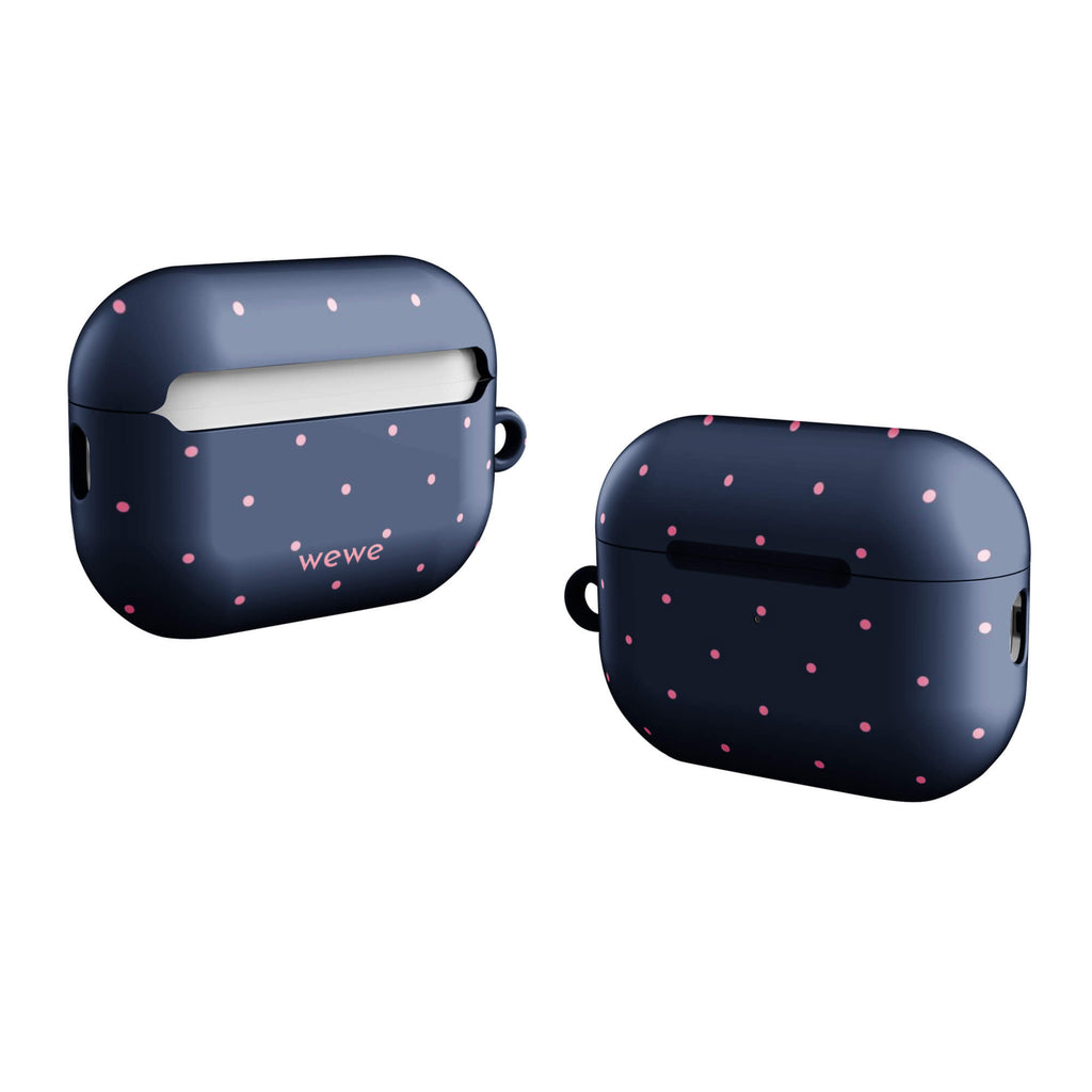 Custom AirPods case pro gen2 with a dark navy blue background and a pattern of small pink polka dots.
