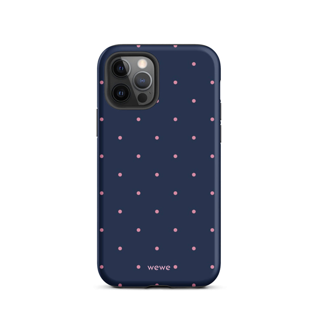 Custom iPhone case 12 pro with a dark navy blue background and a pattern of small pink polka dots.
