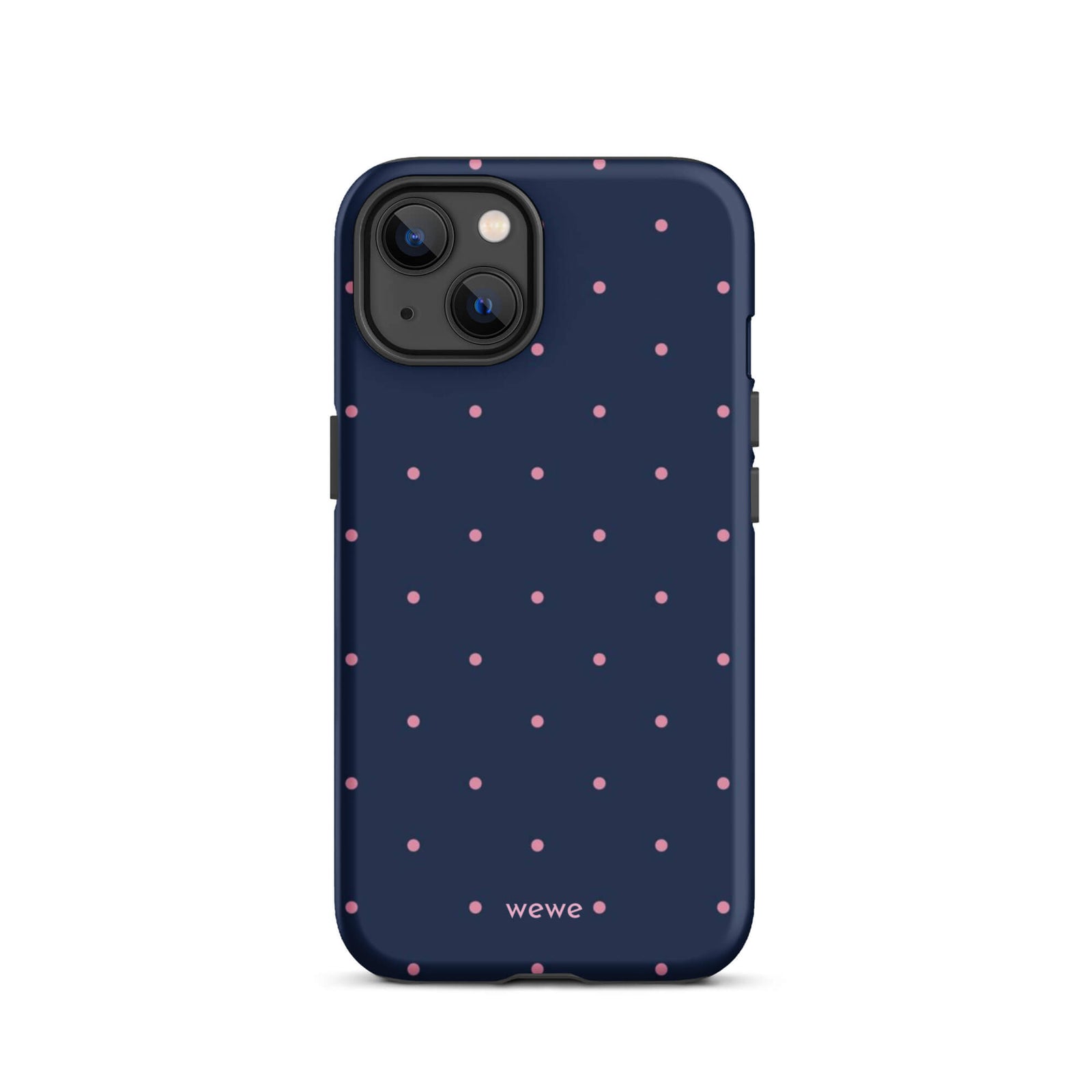 Custom iPhone case 13 with a dark navy blue background and a pattern of small pink polka dots.