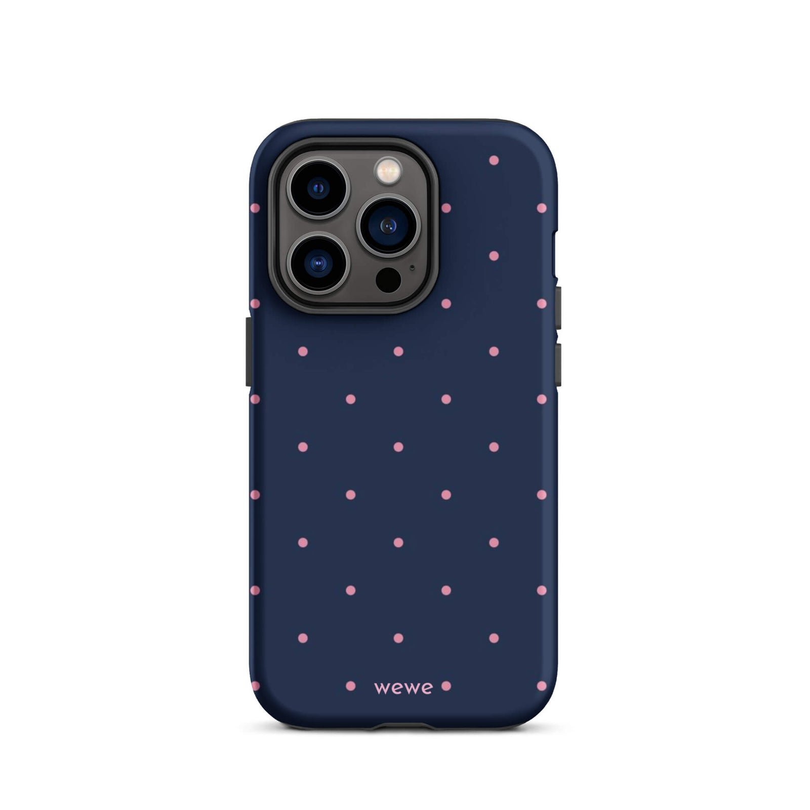 Custom iPhone case 14 pro with a dark navy blue background and a pattern of small pink polka dots.