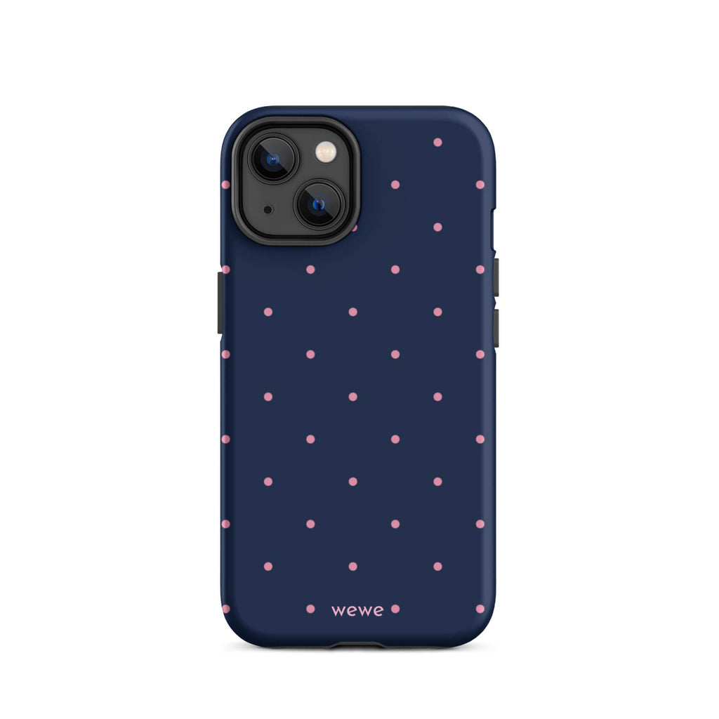 Custom iPhone case 14 with a dark navy blue background and a pattern of small pink polka dots.