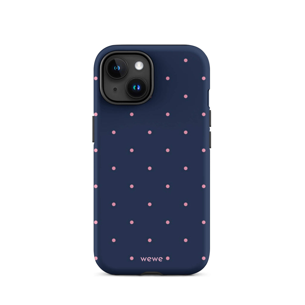 Custom iPhone case 15 with a dark navy blue background and a pattern of small pink polka dots.