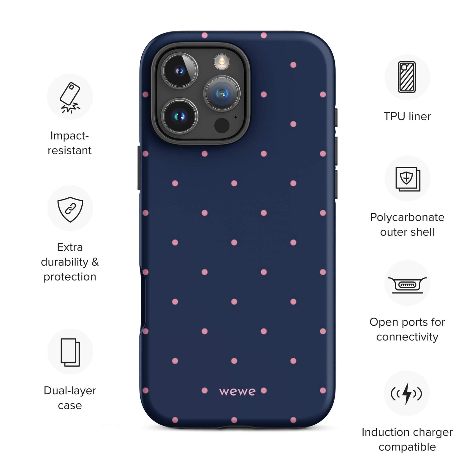 Custom navy micro polka dot iphone case 16 pro max wireless charging compatible.