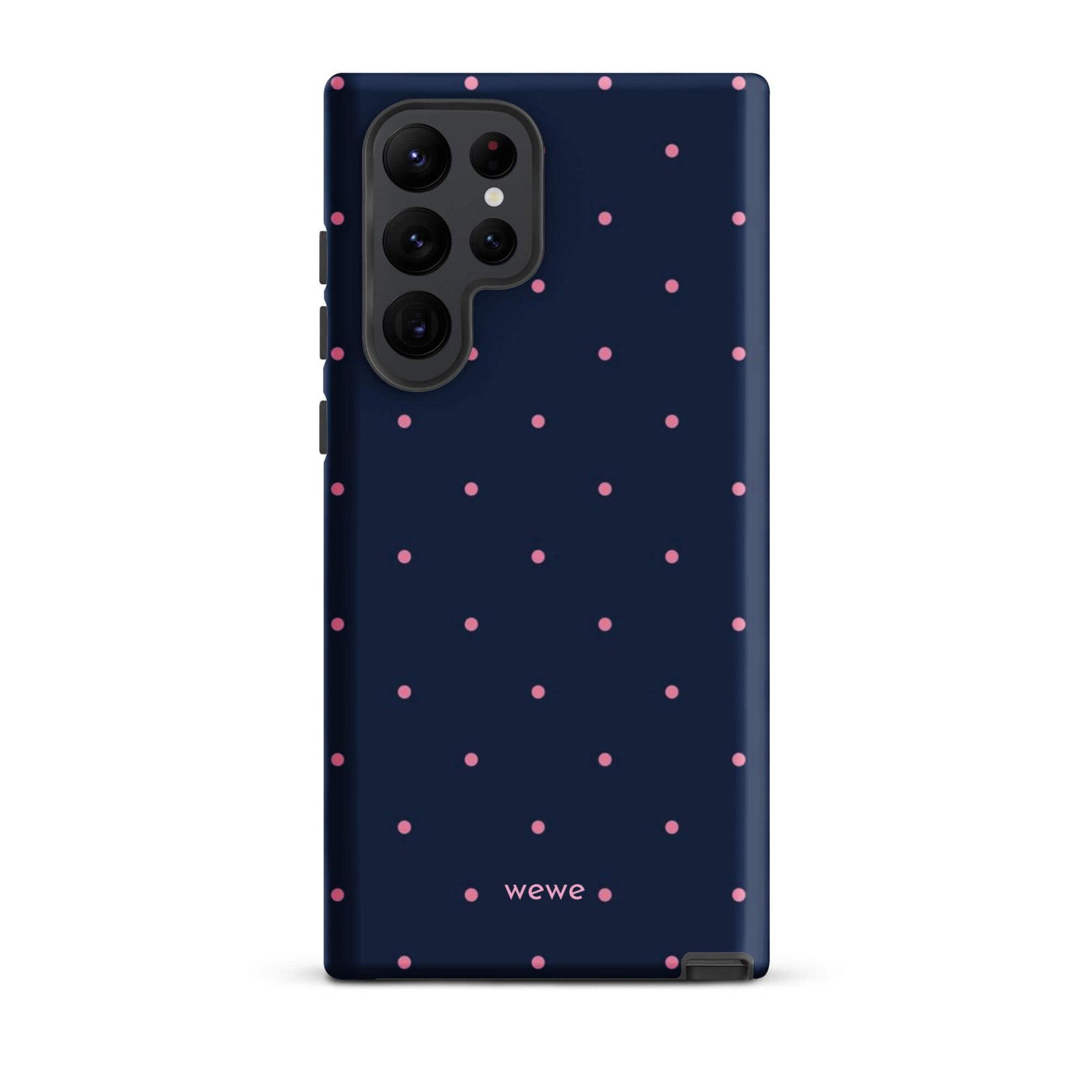 Custom samsung galaxy s22 ultra  Phone case with a dark navy blue background and a pattern of small pink polka dots.