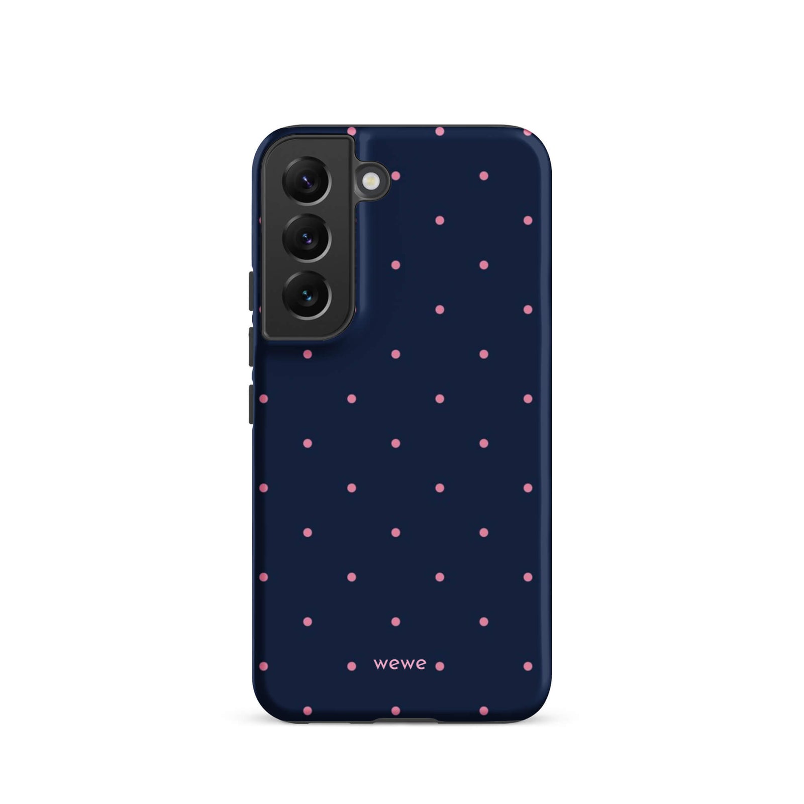 Custom samsung galaxy s22 Phone case with a dark navy blue background and a pattern of small pink polka dots.