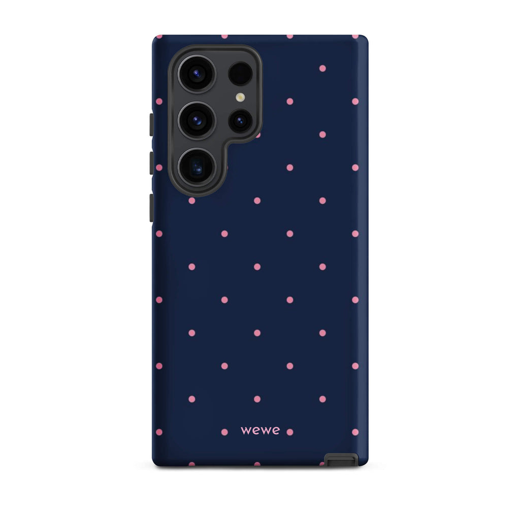 Custom samsung galaxy s23 ultra  Phone case with a dark navy blue background and a pattern of small pink polka dots.
