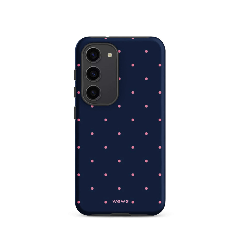 Custom samsung galaxy s23 Phone case with a dark navy blue background and a pattern of small pink polka dots.
