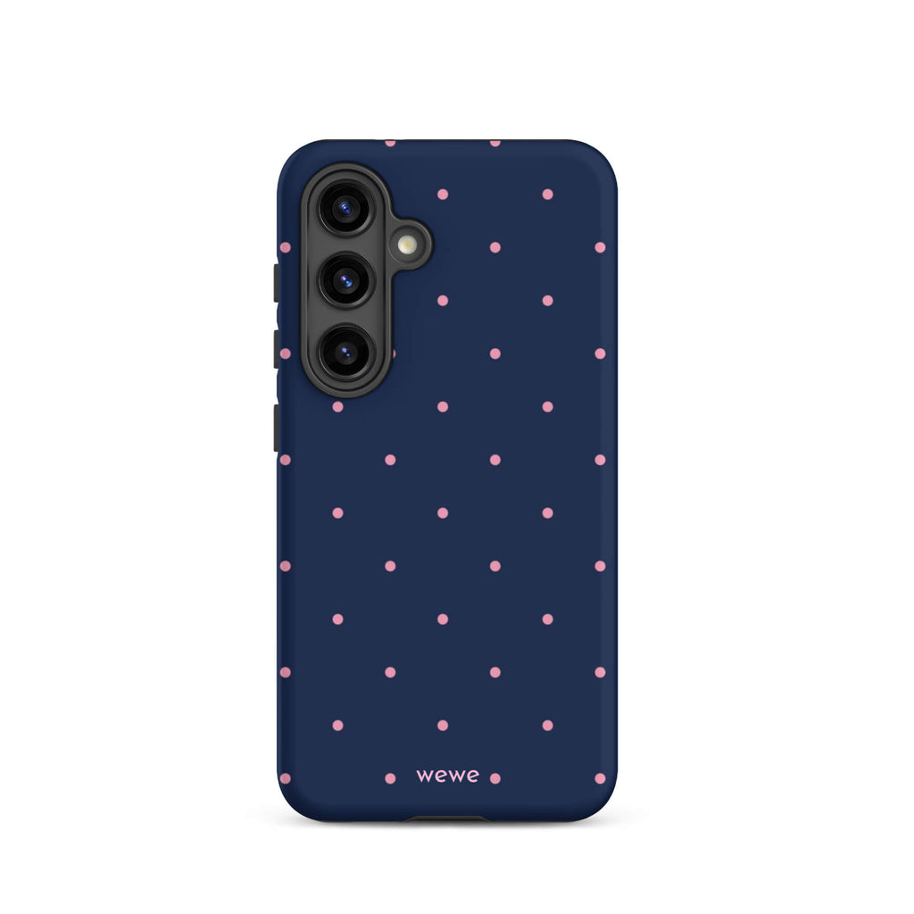 Custom samsung galaxy s24 Phone case with a dark navy blue background and a pattern of small pink polka dots.
