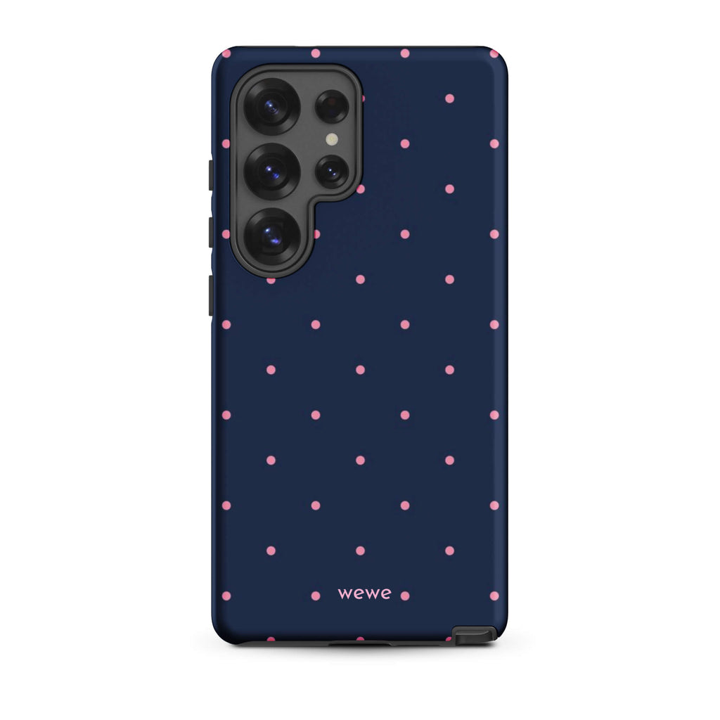 Custom samsung galaxy s25 ultra  Phone case with a dark navy blue background and a pattern of small pink polka dots.