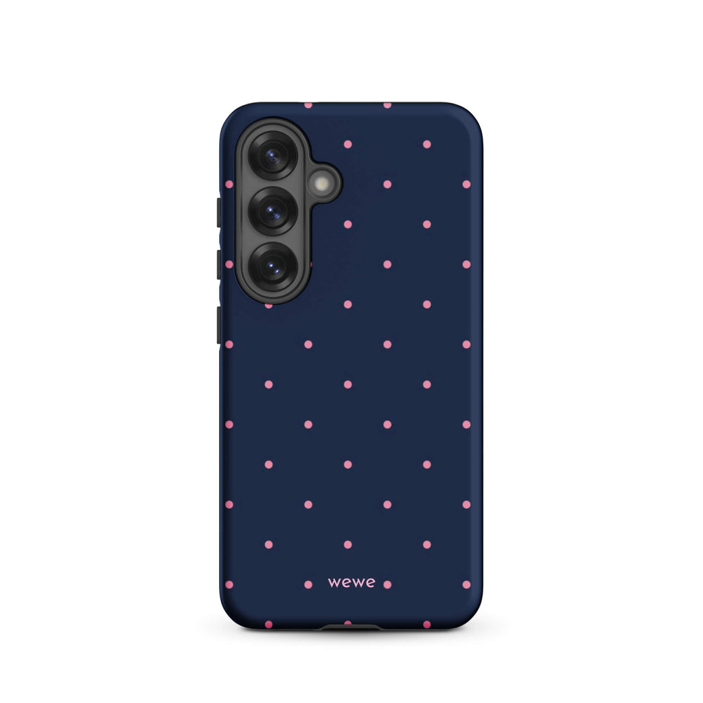 Custom samsung galaxy s25 Phone case with a dark navy blue background and a pattern of small pink polka dots.