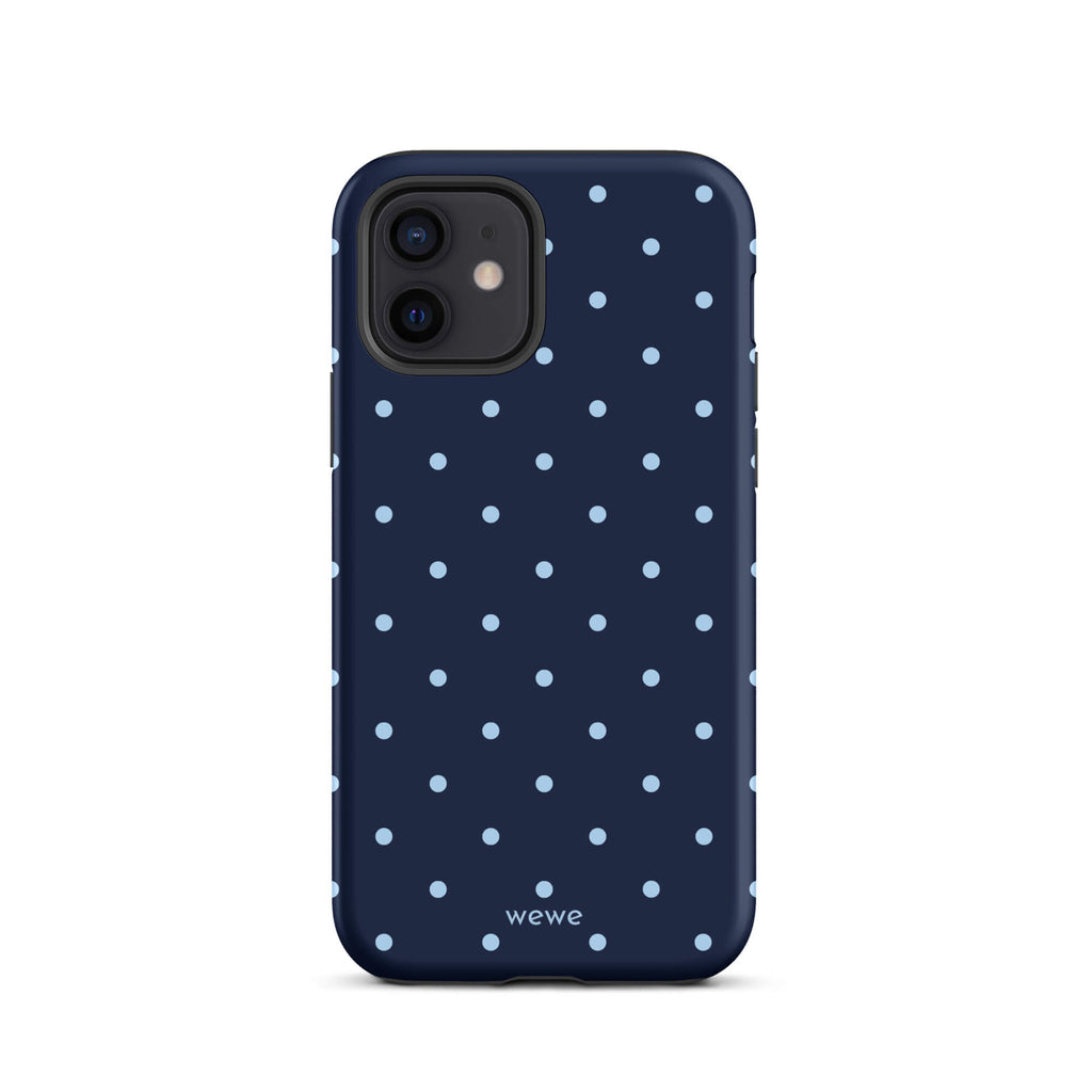Navy blue iPhone case with evenly spaced baby-blue mini polka dots