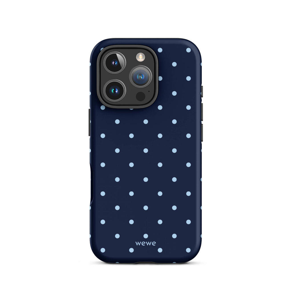 Navy blue iPhone case with evenly spaced baby-blue mini polka dots