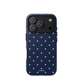 Navy blue iPhone case with evenly spaced baby-blue mini polka dots