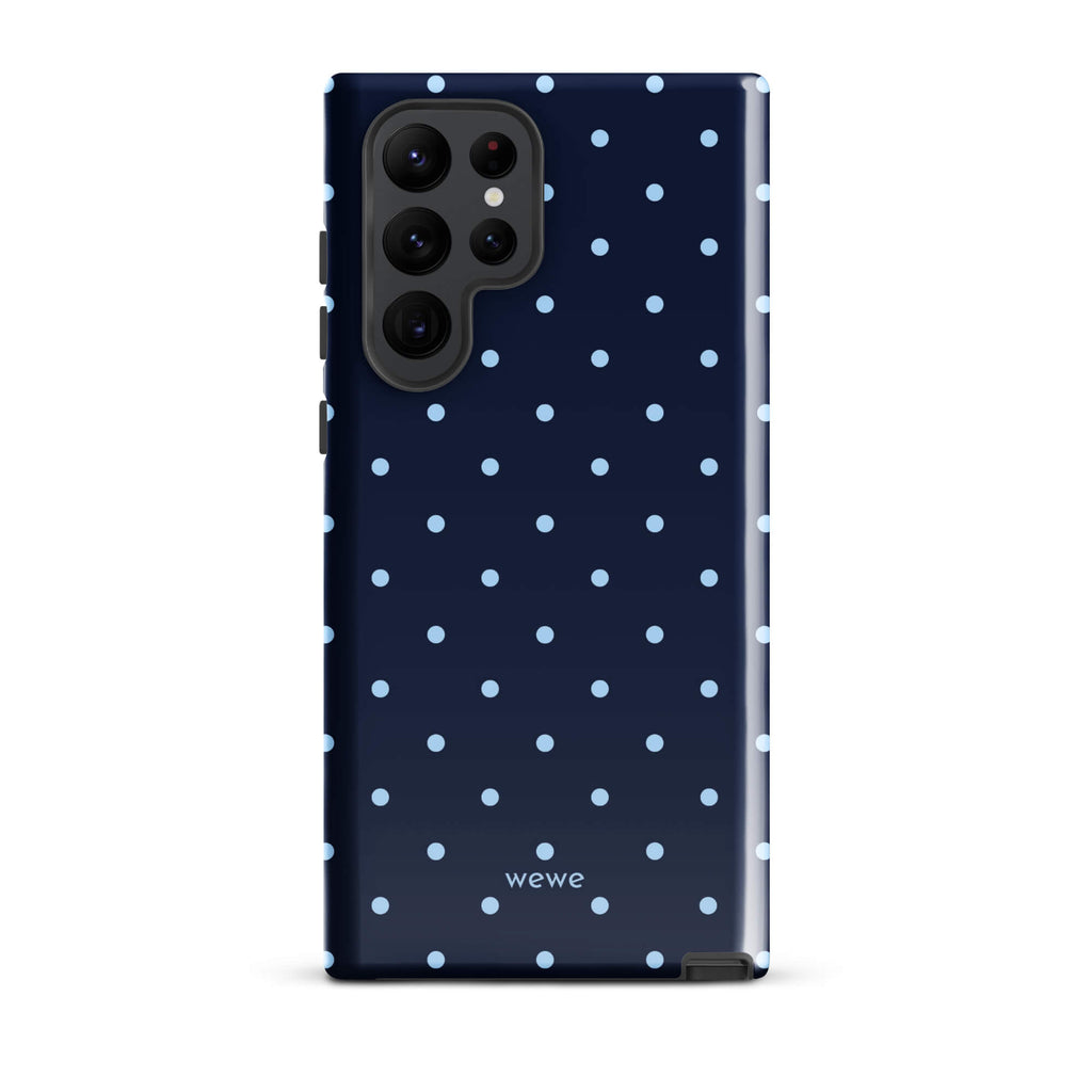 Navy blue iPhone case with evenly spaced baby-blue mini polka dots