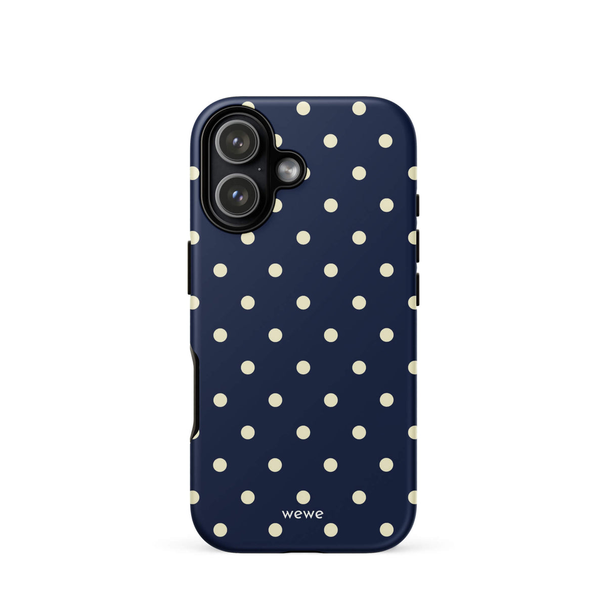 Navy blue iPhone case with evenly spaced cream-white polka dots