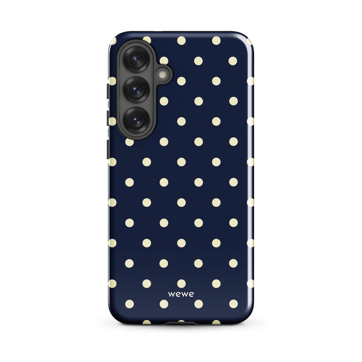 Navy blue iPhone case with evenly spaced cream-white polka dots