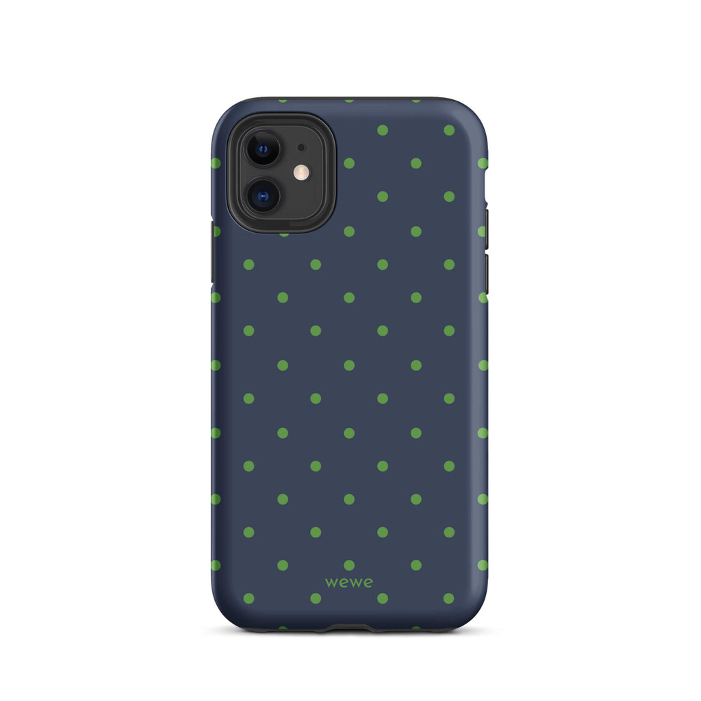 Navy blue iPhone case with evenly spaced grass-green mini polka dots