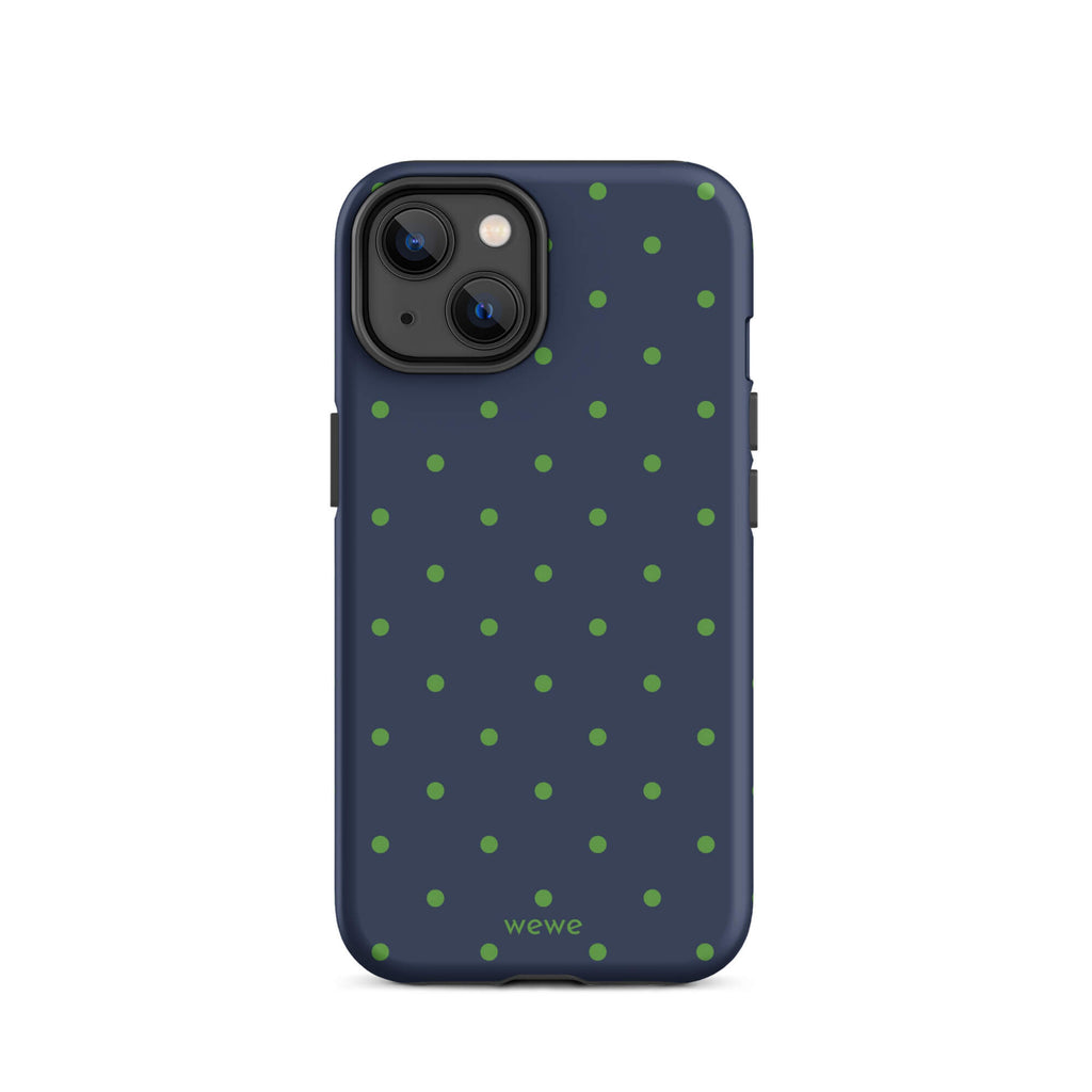 Navy blue iPhone case with evenly spaced grass-green mini polka dots