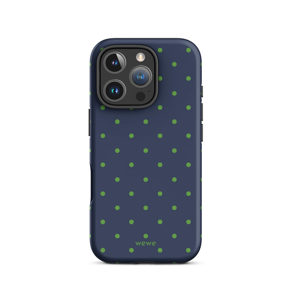 Navy blue iPhone case with evenly spaced grass-green mini polka dots