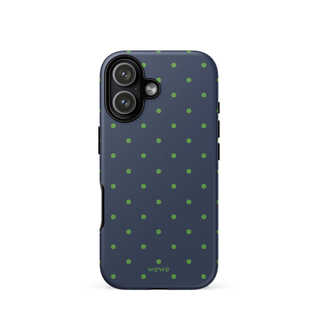 Navy blue iPhone case with evenly spaced grass-green mini polka dots