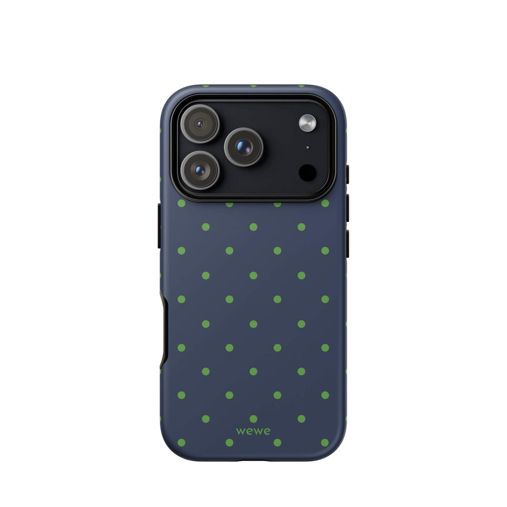 Navy blue iPhone case with evenly spaced grass-green mini polka dots