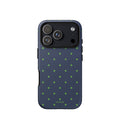 Navy blue iPhone case with evenly spaced grass-green mini polka dots