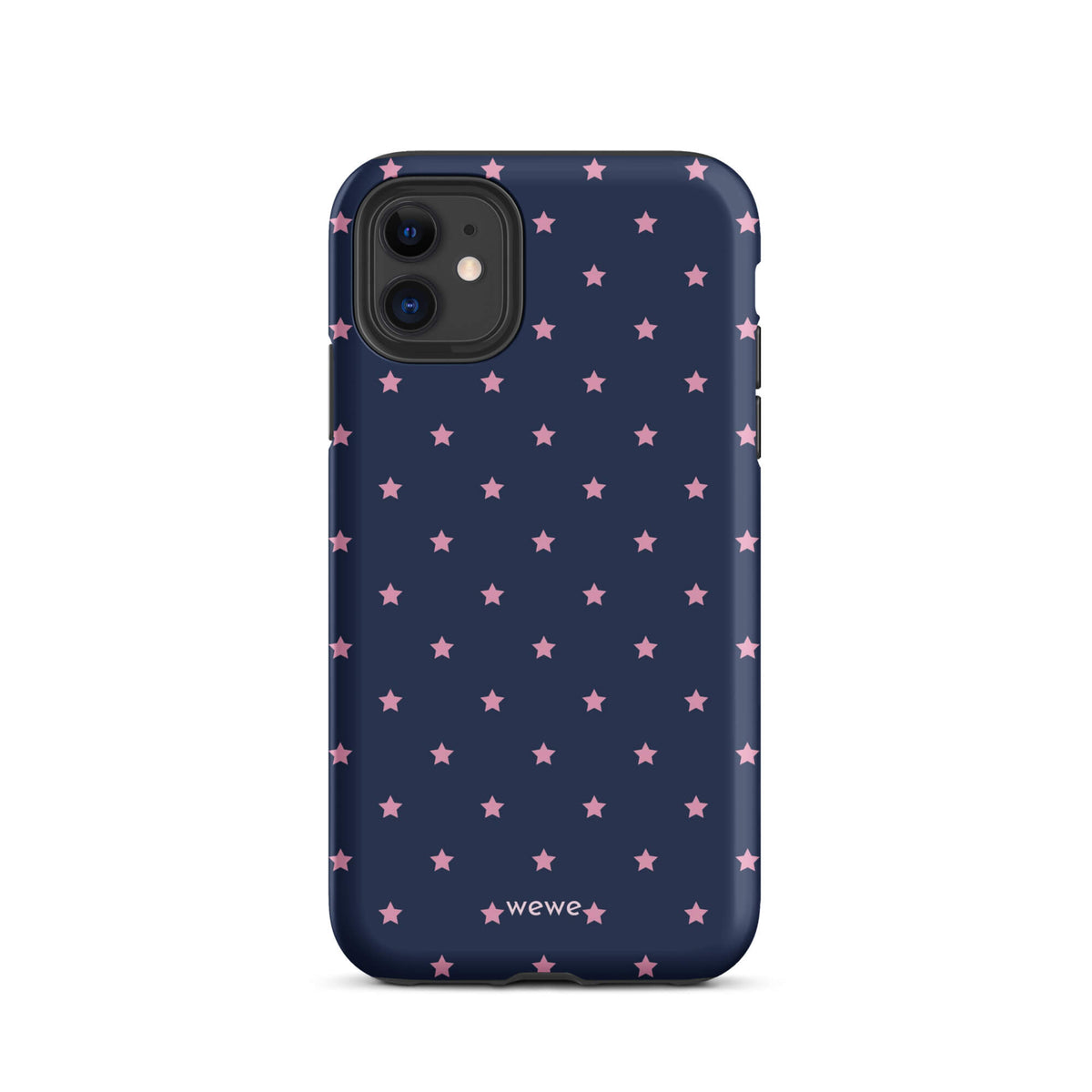 Navy-blue iPhone case with evenly spaced dusty-pink five-point stars