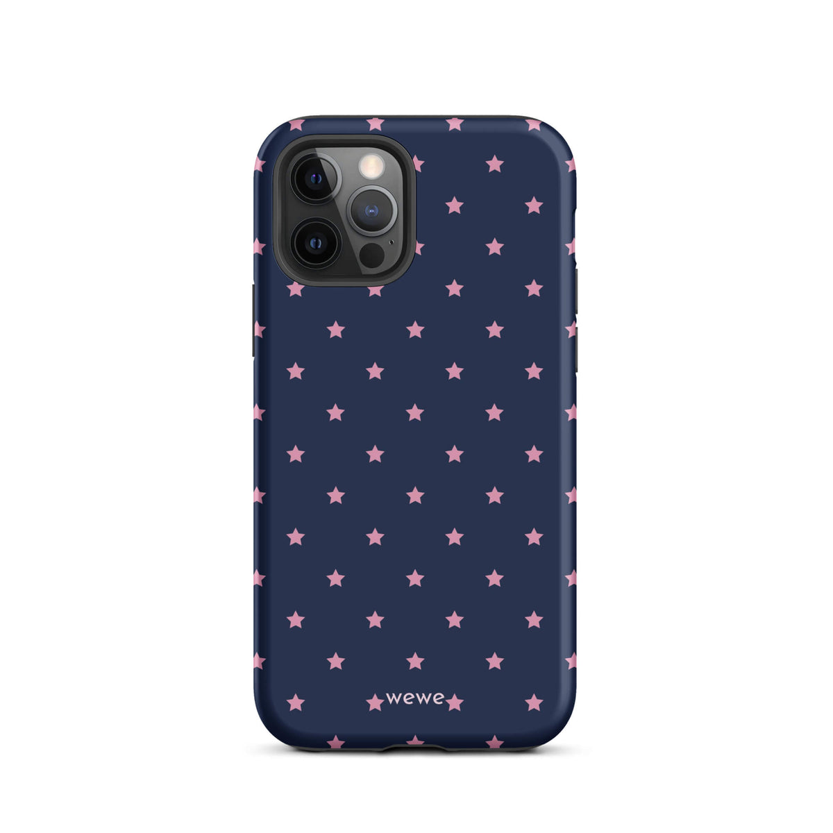 Navy-blue iPhone case with evenly spaced dusty-pink five-point stars