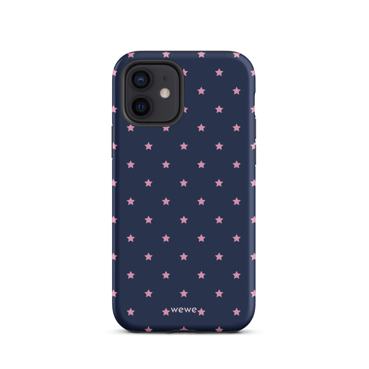 Navy-blue iPhone case with evenly spaced dusty-pink five-point stars