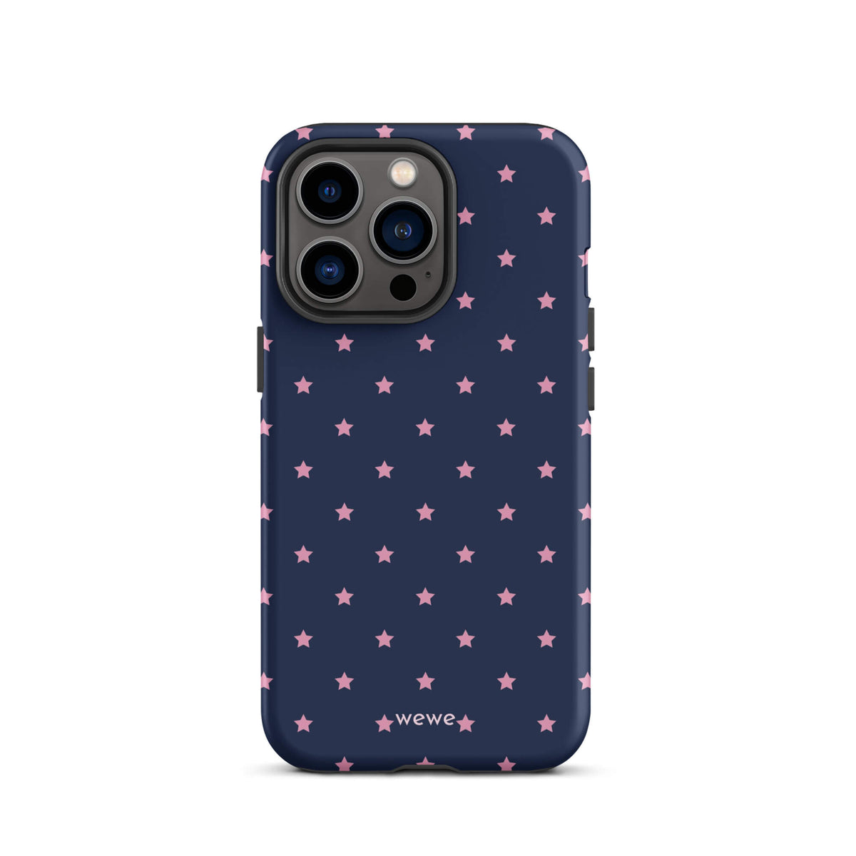Navy-blue iPhone case with evenly spaced dusty-pink five-point stars