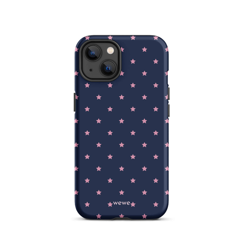 Navy-blue iPhone case with evenly spaced dusty-pink five-point stars