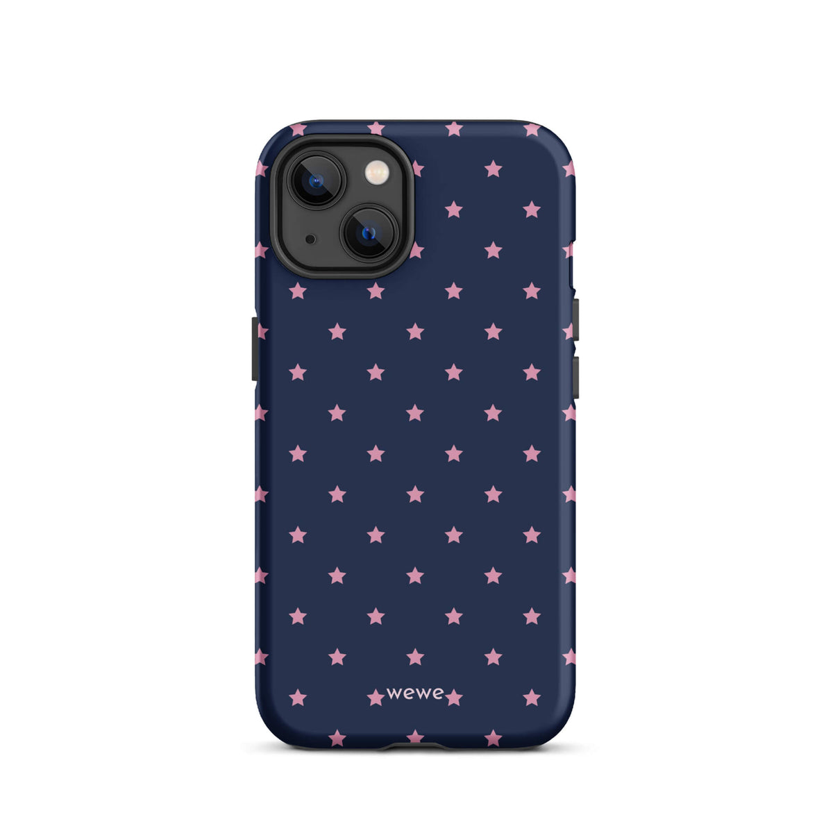 Navy-blue iPhone case with evenly spaced dusty-pink five-point stars