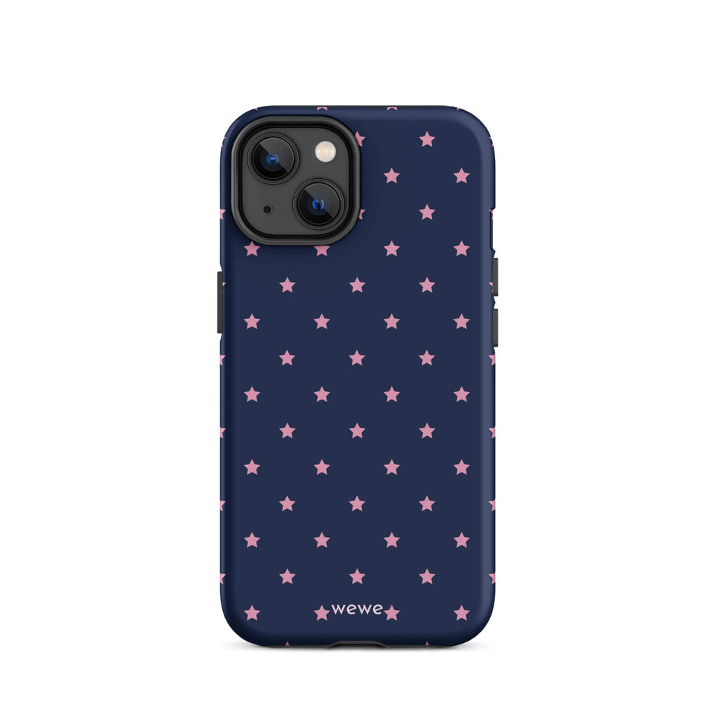 Navy-blue iPhone case with evenly spaced dusty-pink five-point stars