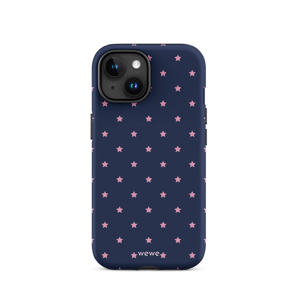 Navy-blue iPhone case with evenly spaced dusty-pink five-point stars