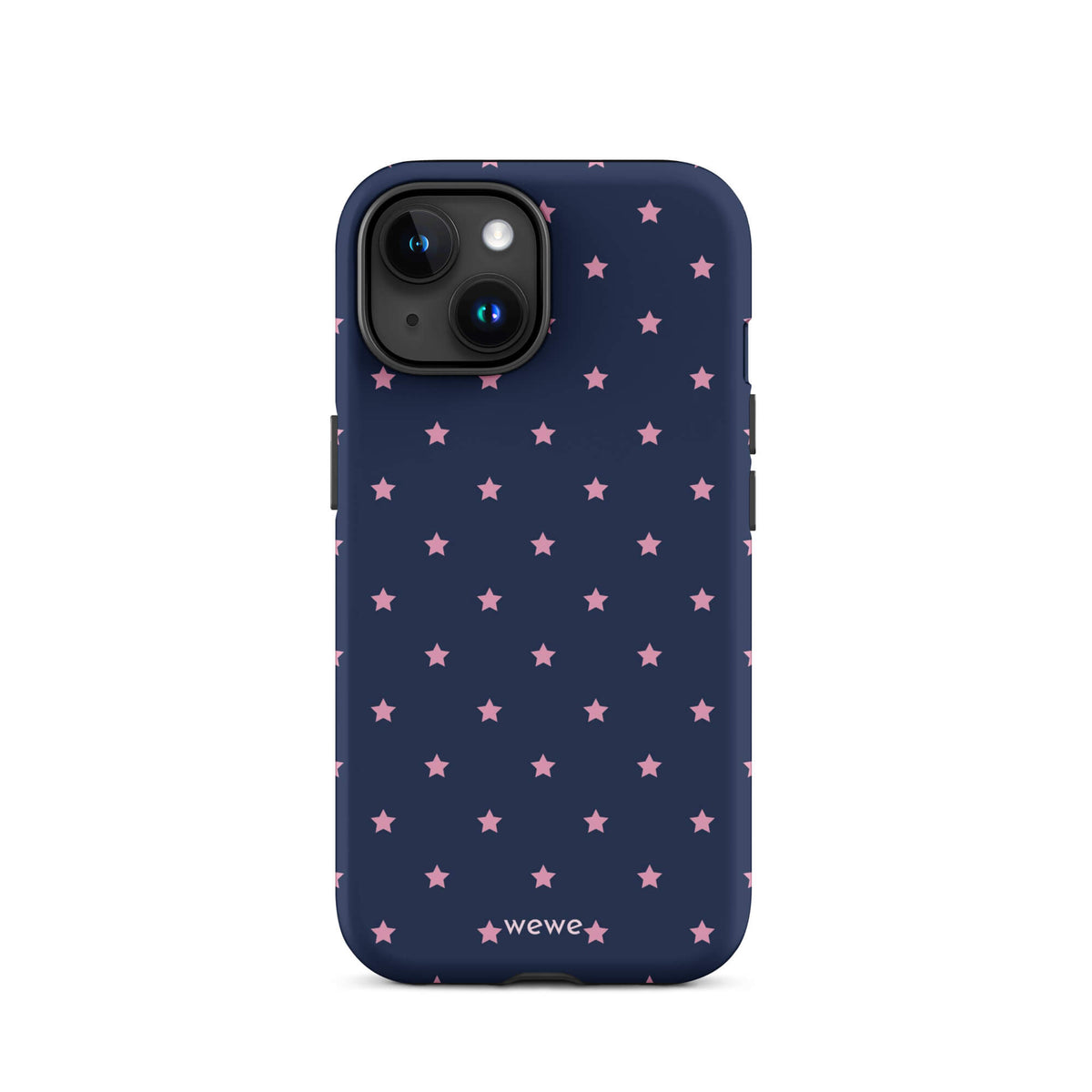 Navy-blue iPhone case with evenly spaced dusty-pink five-point stars