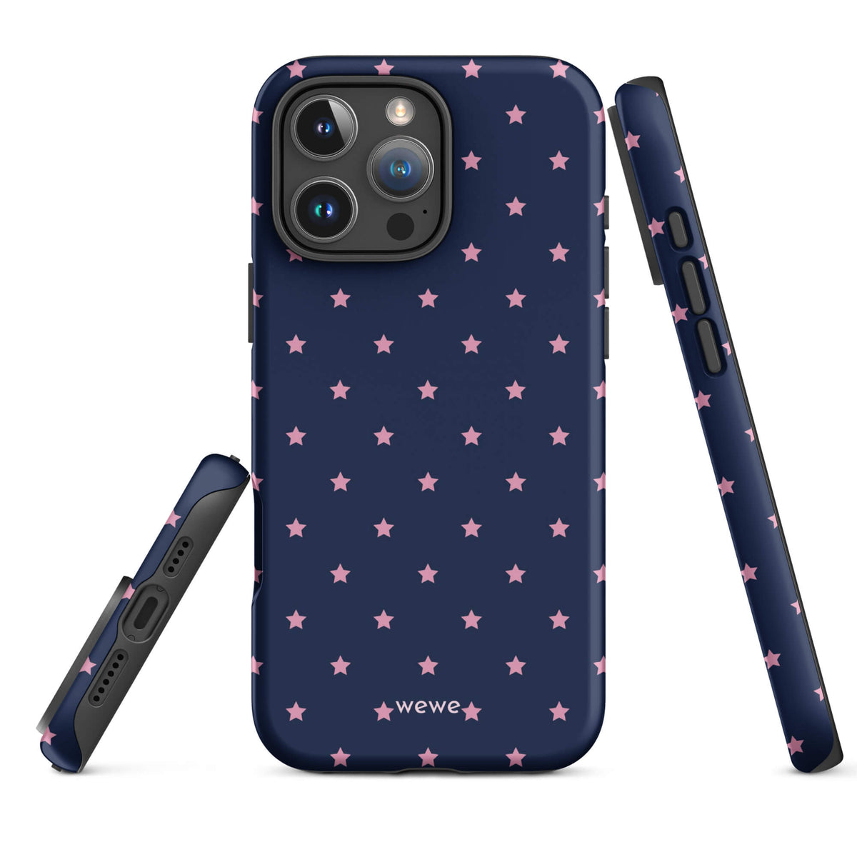 Navy-blue iPhone case with evenly spaced dusty-pink five-point stars
