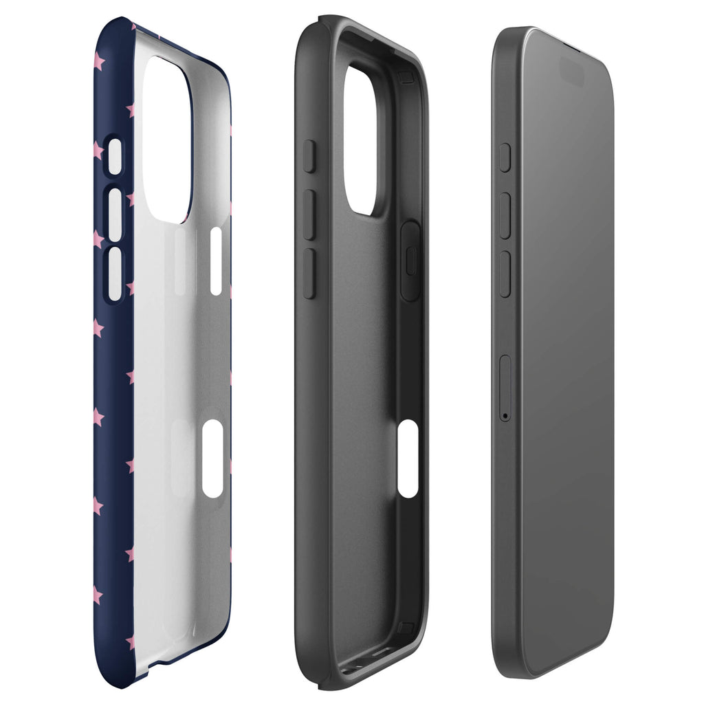 Navy-blue iPhone case with evenly spaced dusty-pink five-point stars