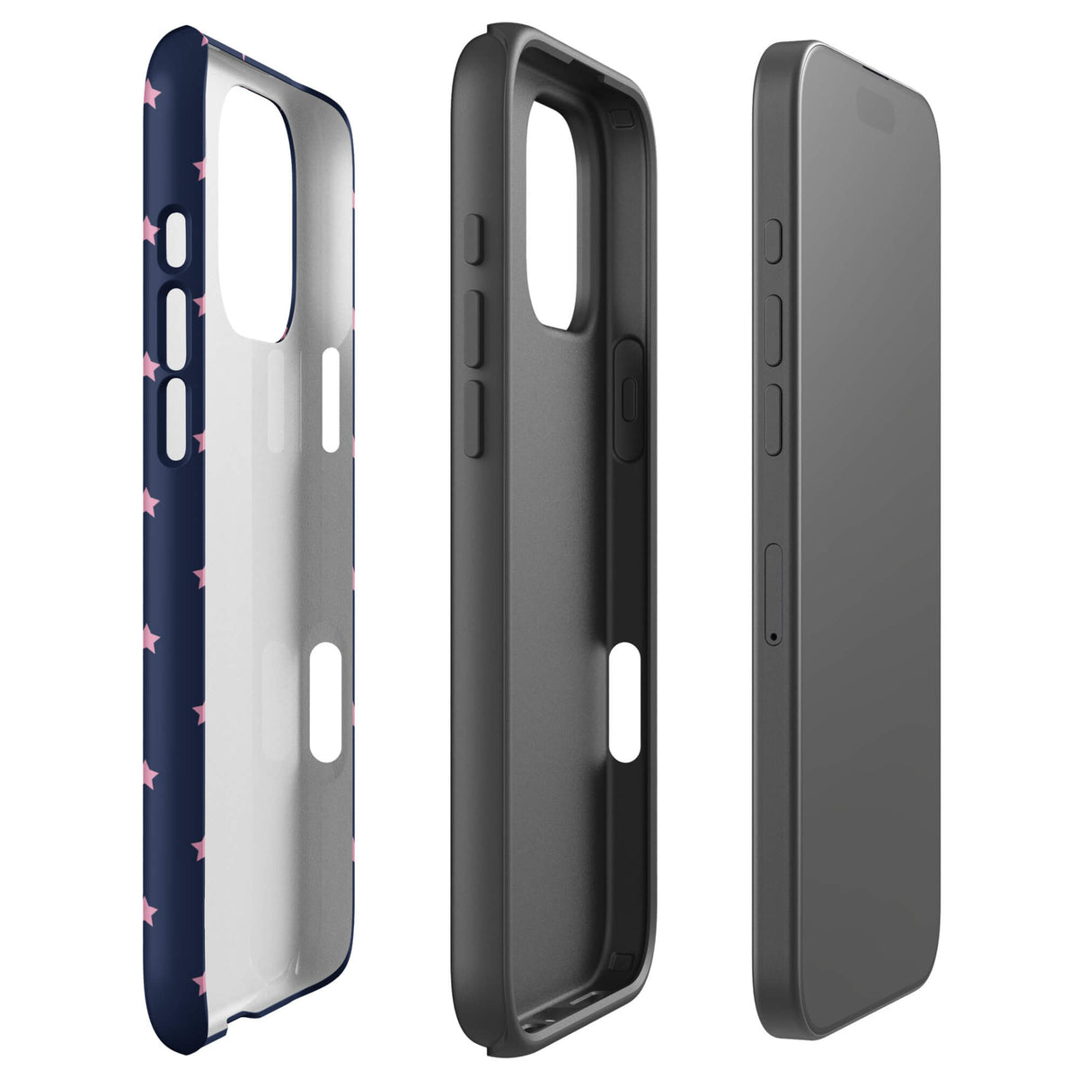 Navy-blue iPhone case with evenly spaced dusty-pink five-point stars