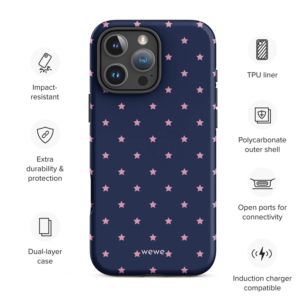 Navy-blue iPhone case with evenly spaced dusty-pink five-point stars