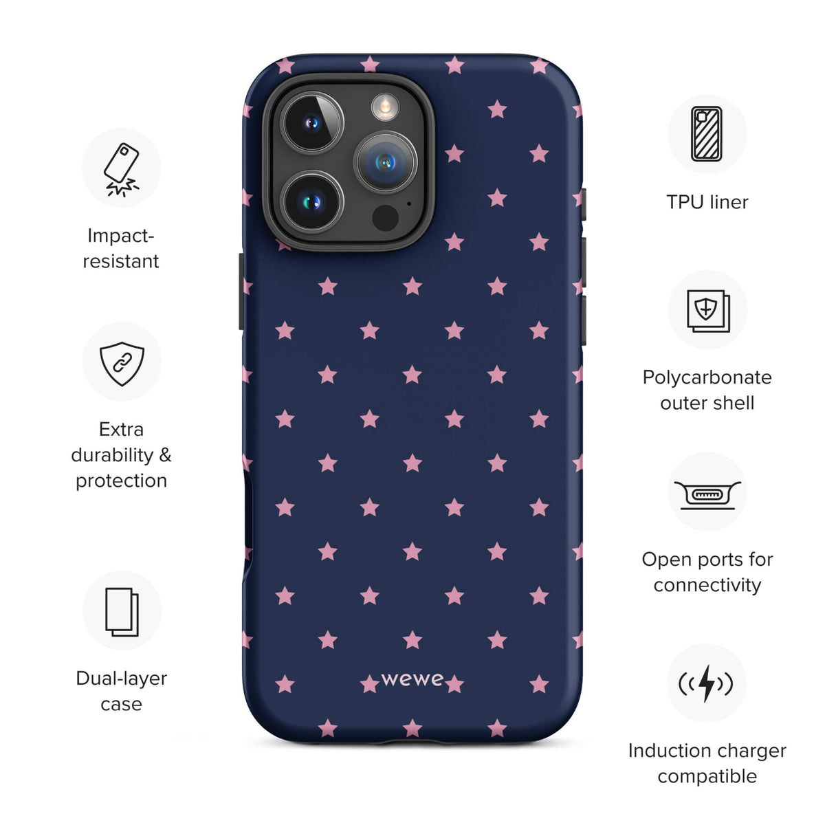 Navy-blue iPhone case with evenly spaced dusty-pink five-point stars
