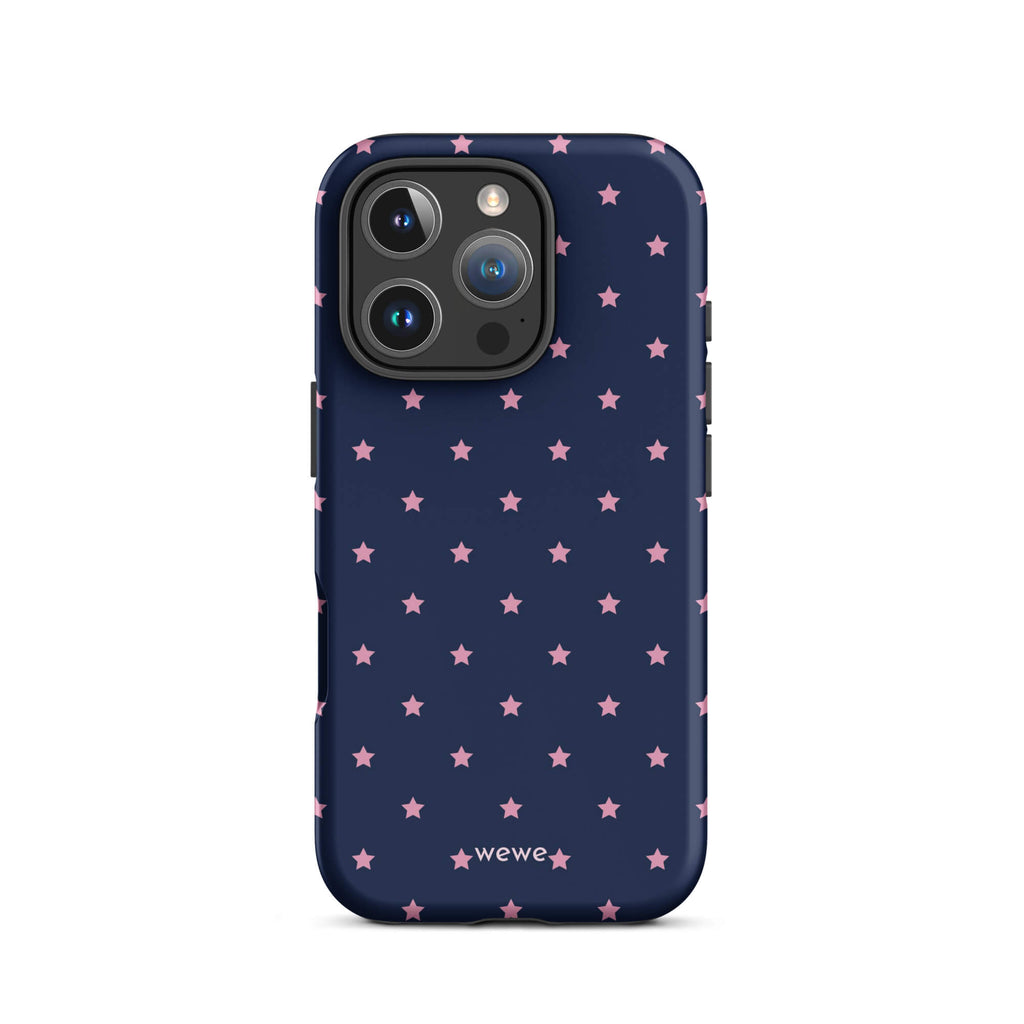 Navy-blue iPhone case with evenly spaced dusty-pink five-point stars