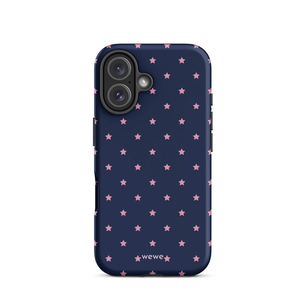 Navy-blue iPhone case with evenly spaced dusty-pink five-point stars