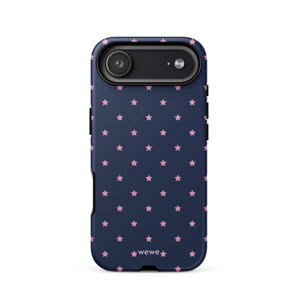 Navy-blue iPhone case with evenly spaced dusty-pink five-point stars