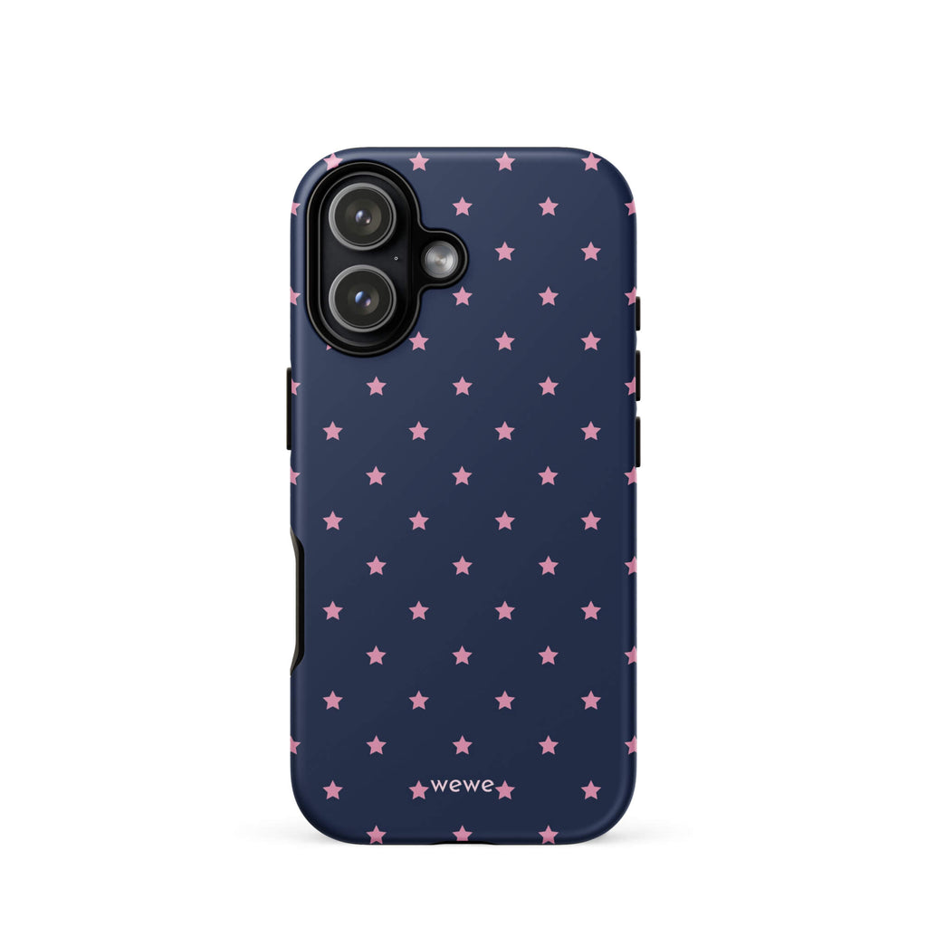 Navy-blue iPhone case with evenly spaced dusty-pink five-point stars