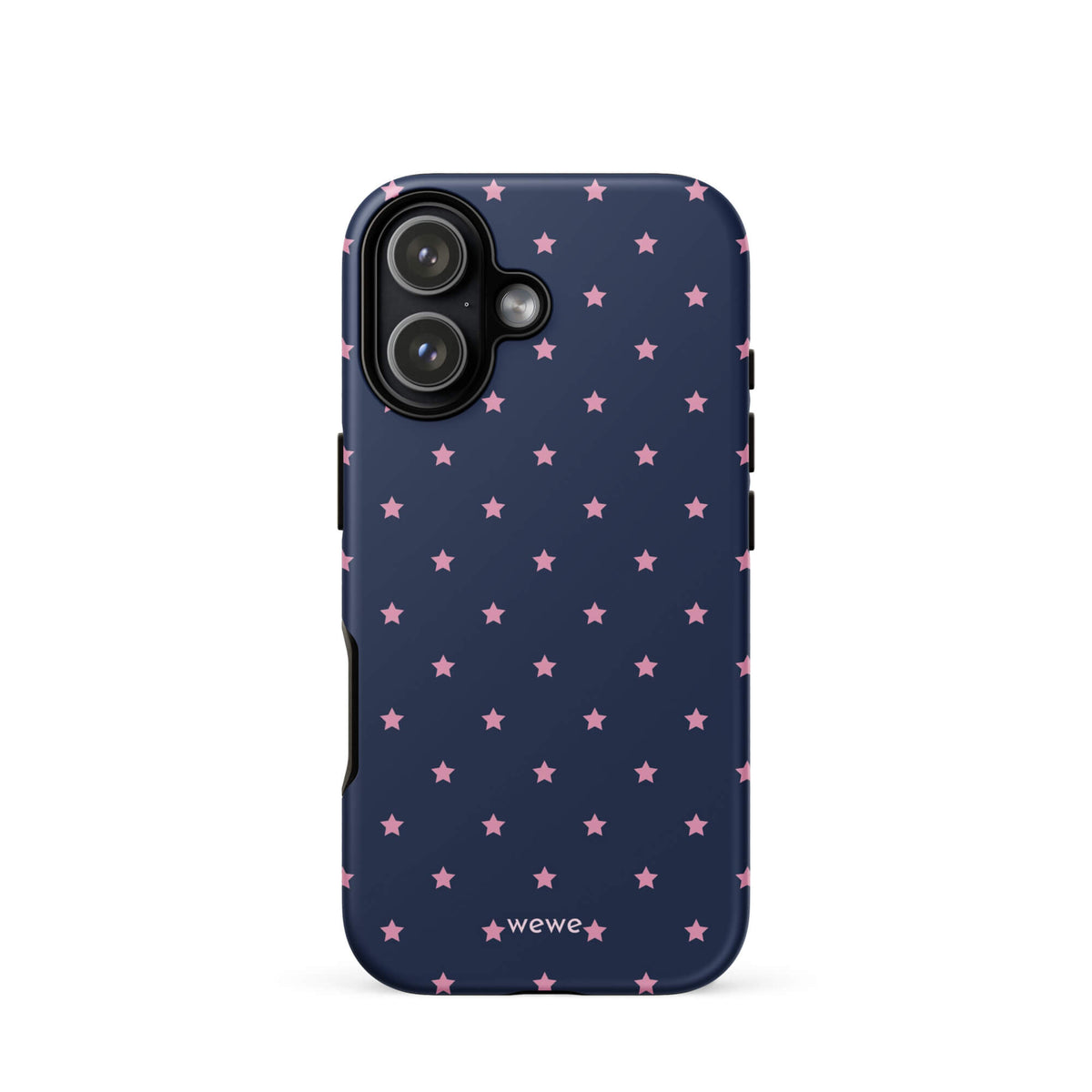 Navy-blue iPhone case with evenly spaced dusty-pink five-point stars