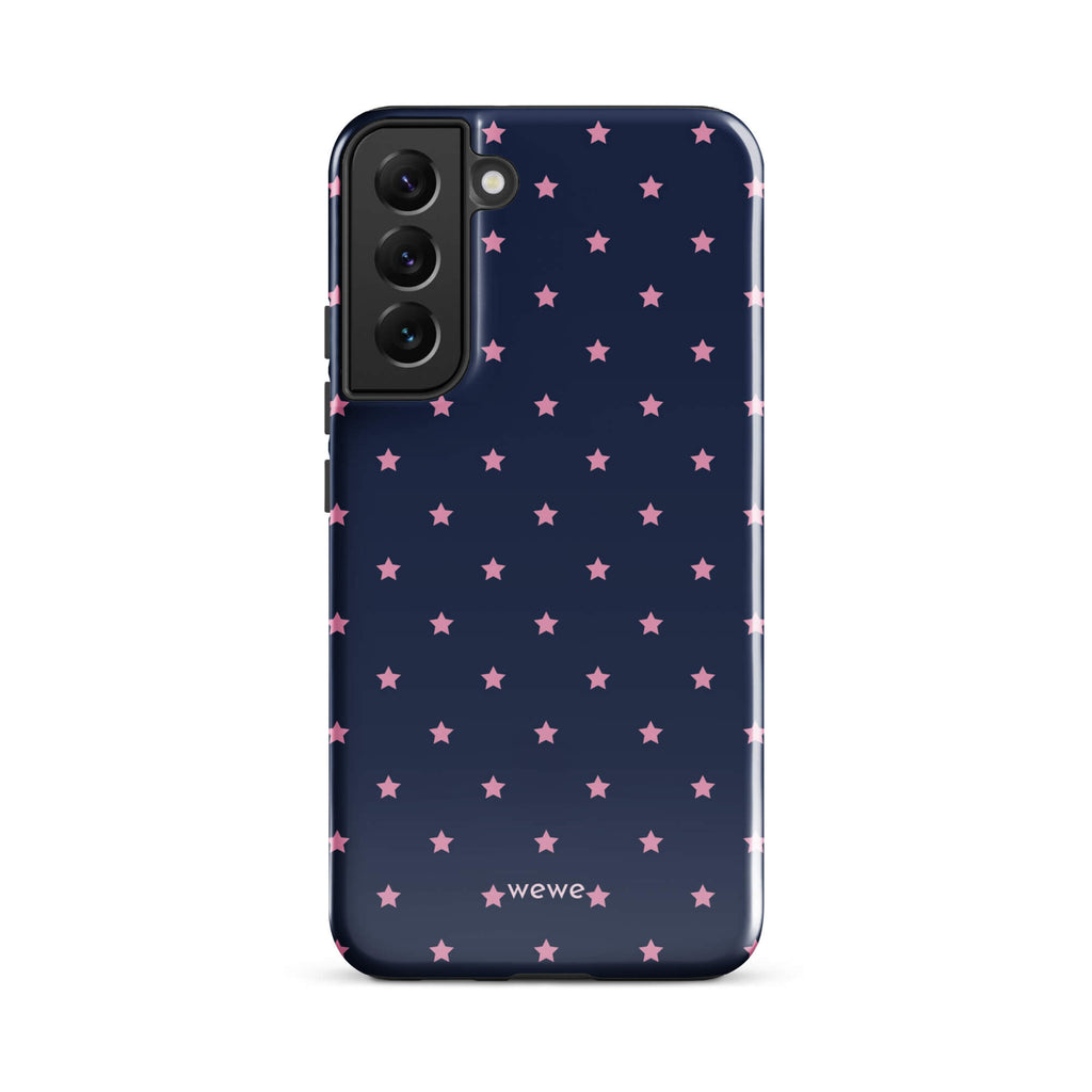 Navy-blue iPhone case with evenly spaced dusty-pink five-point stars
