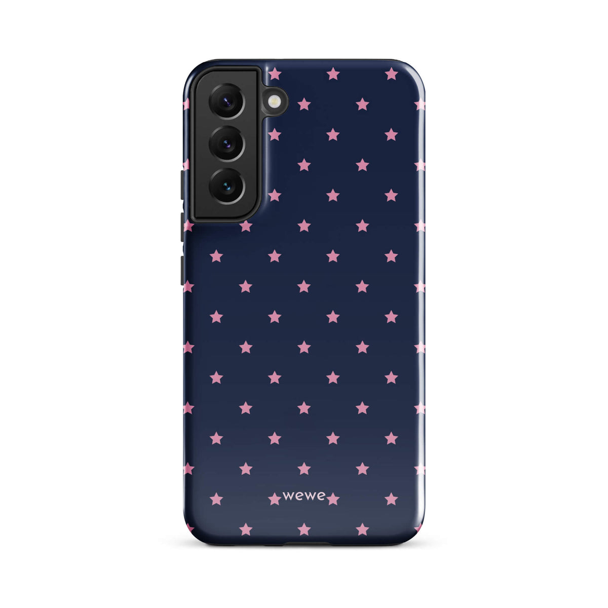 Navy-blue iPhone case with evenly spaced dusty-pink five-point stars