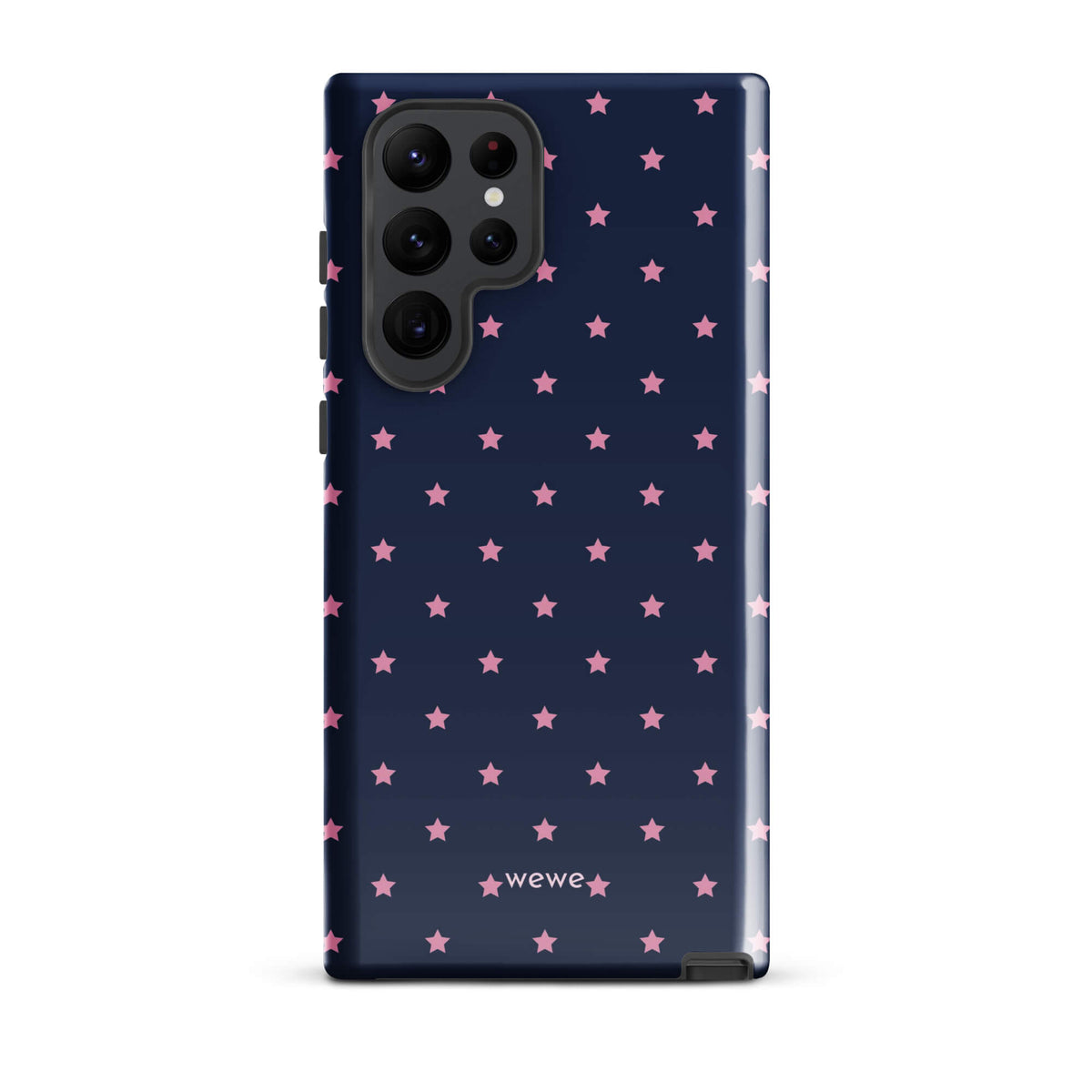 Navy-blue iPhone case with evenly spaced dusty-pink five-point stars